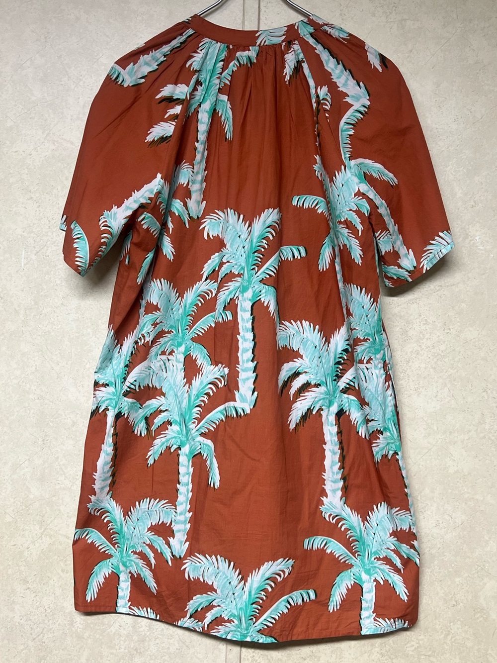 Oliphant pocket mini dress puff sleeves in  Cartagena brown palm trees - Picture 5 of 13